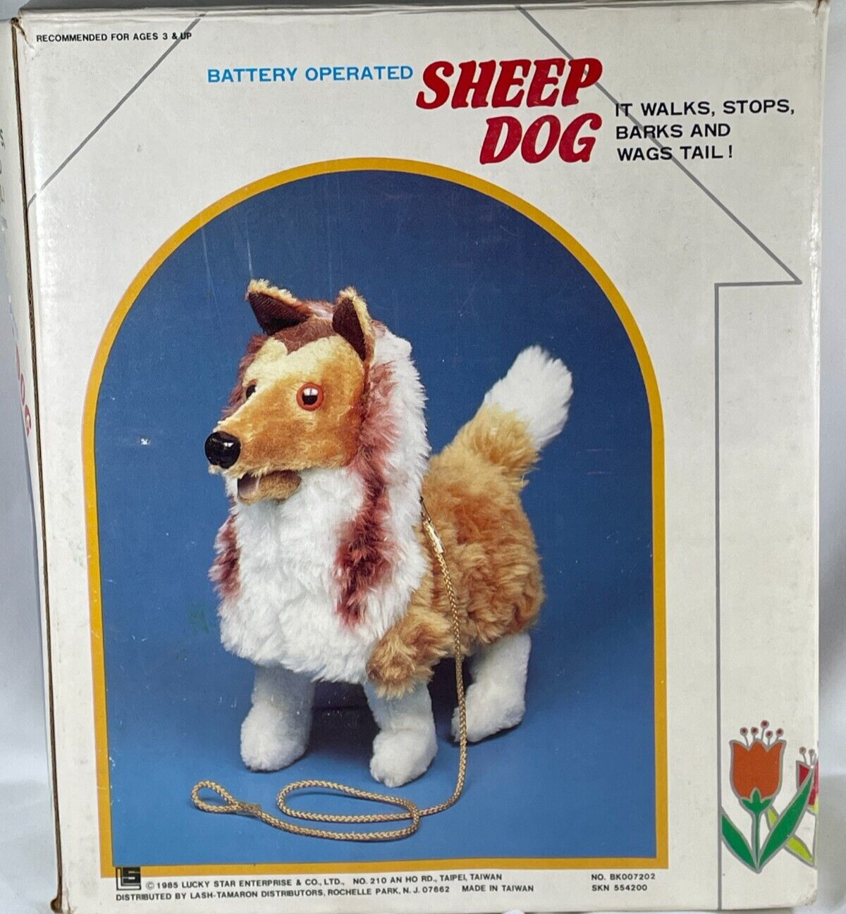 Vintage 1985 Lucky Star Battery-Operated Walking Sheepdog Toy w/ Leash - Collect