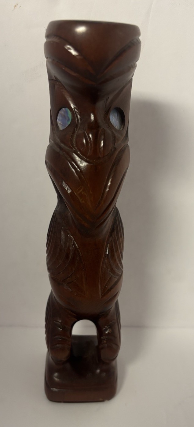 Vintage Maori Tiki Kauri Wood Hand Carved In Aotearoa, NZ  Abalone Shell Eyes