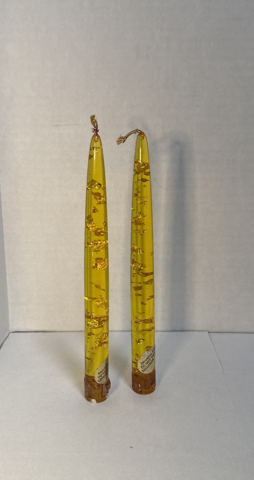 2 VTG 50’s Yellow Gold Lucite Acrylic Gregorian Copper Flake Taper Candles 8”