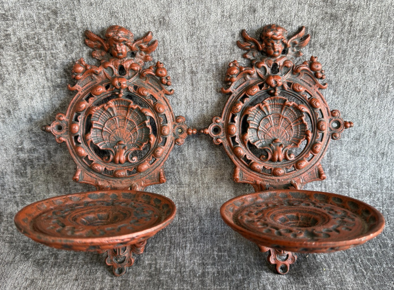 Pair Vintage Cast Metal Cherub Folding Wall Sconces Shelves Plant Holders Pair Vintage Cast Metal Cherub Folding Wall Sconces Shelves Plant Holders