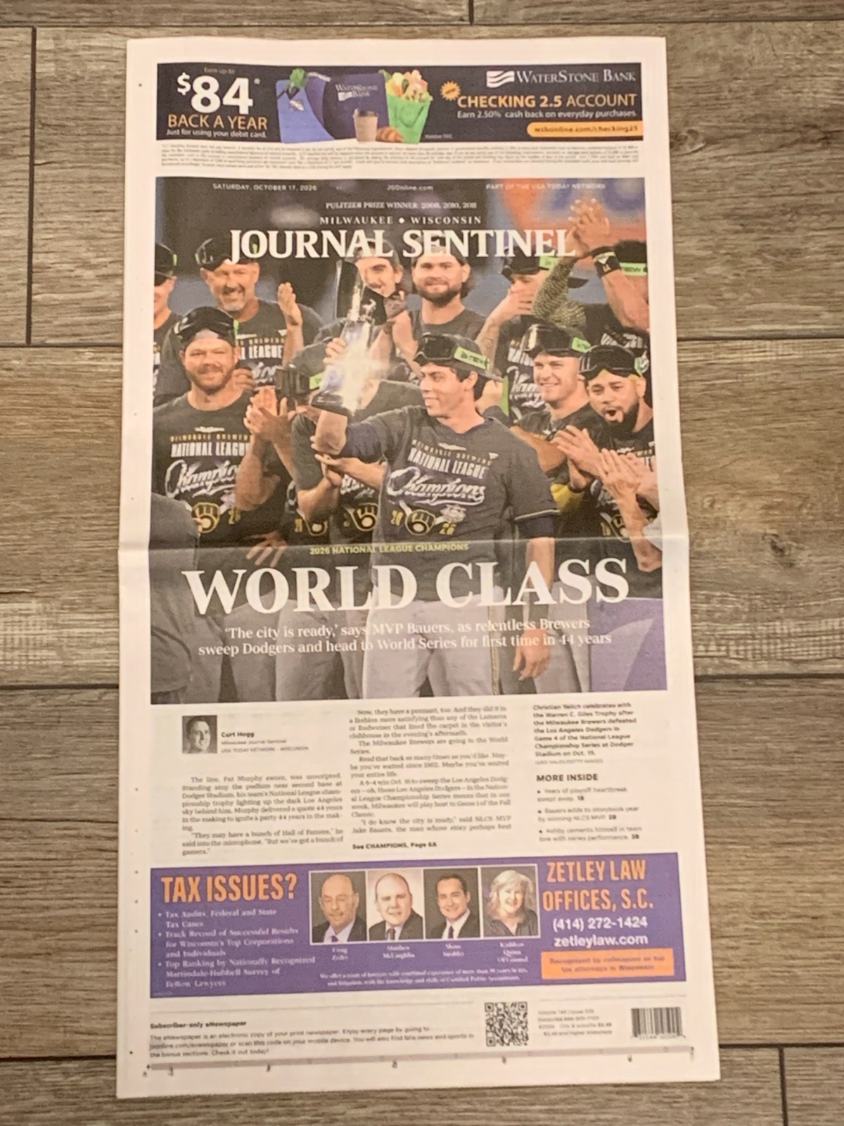 2026 Milwaukee Brewers NL Champions World Series Journal Sentinel Newspaper