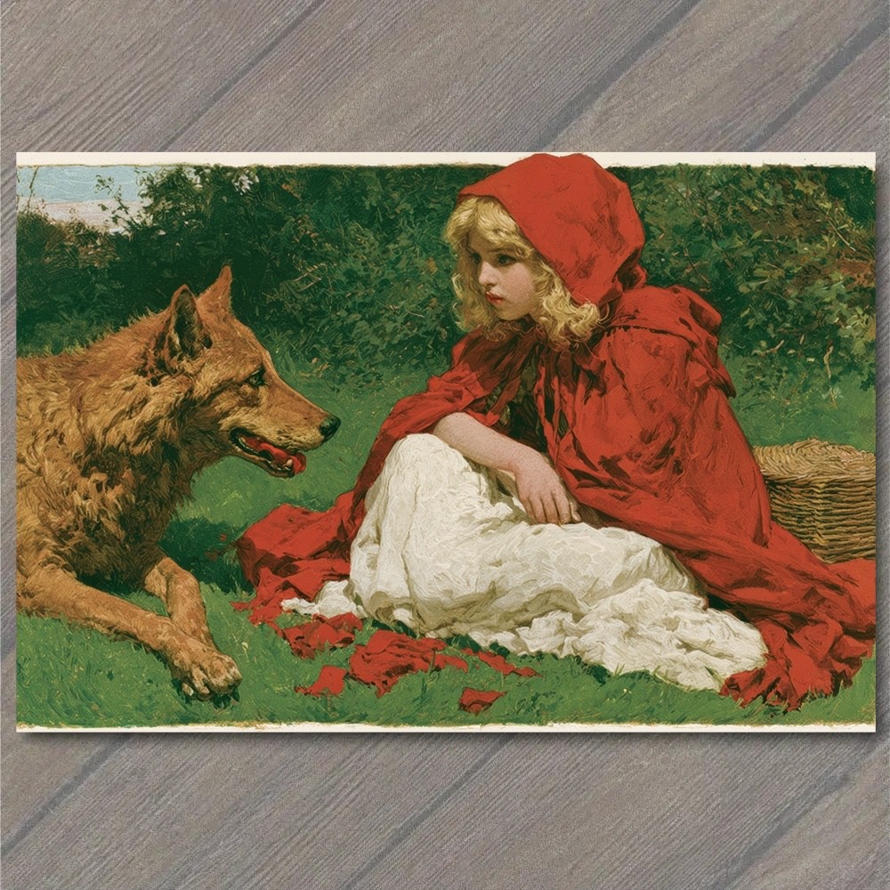 POSTCARD Little Red Riding Hood Wolf Girl Cloak Basket Fairy Tale Storybook POSTCARD Little Red Riding Hood Wolf Girl Cloak Basket Fairy Tale Storybook