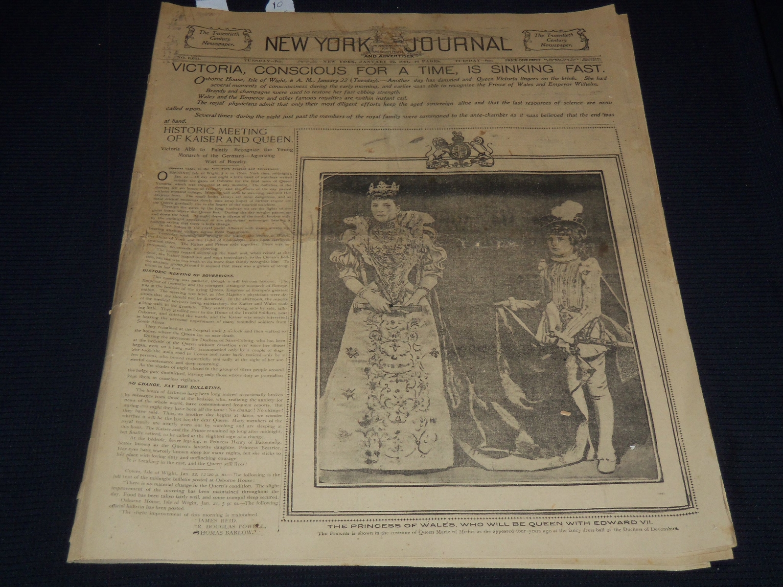 1901 JANUARY 22 NEW YORK JOURNAL NEWSPAPER - VICTORIA SINKING FAST - NT 9441 1901 JANUARY 22 NEW YORK JOURNAL NEWSPAPER - VICTORIA SINKING FAST - NT 9441