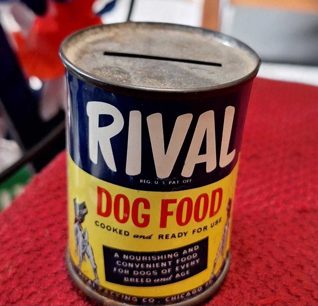 Vintage 1940 s RIVAL DOG FOOD Promotional Advertising Premium Metal Coin Bank