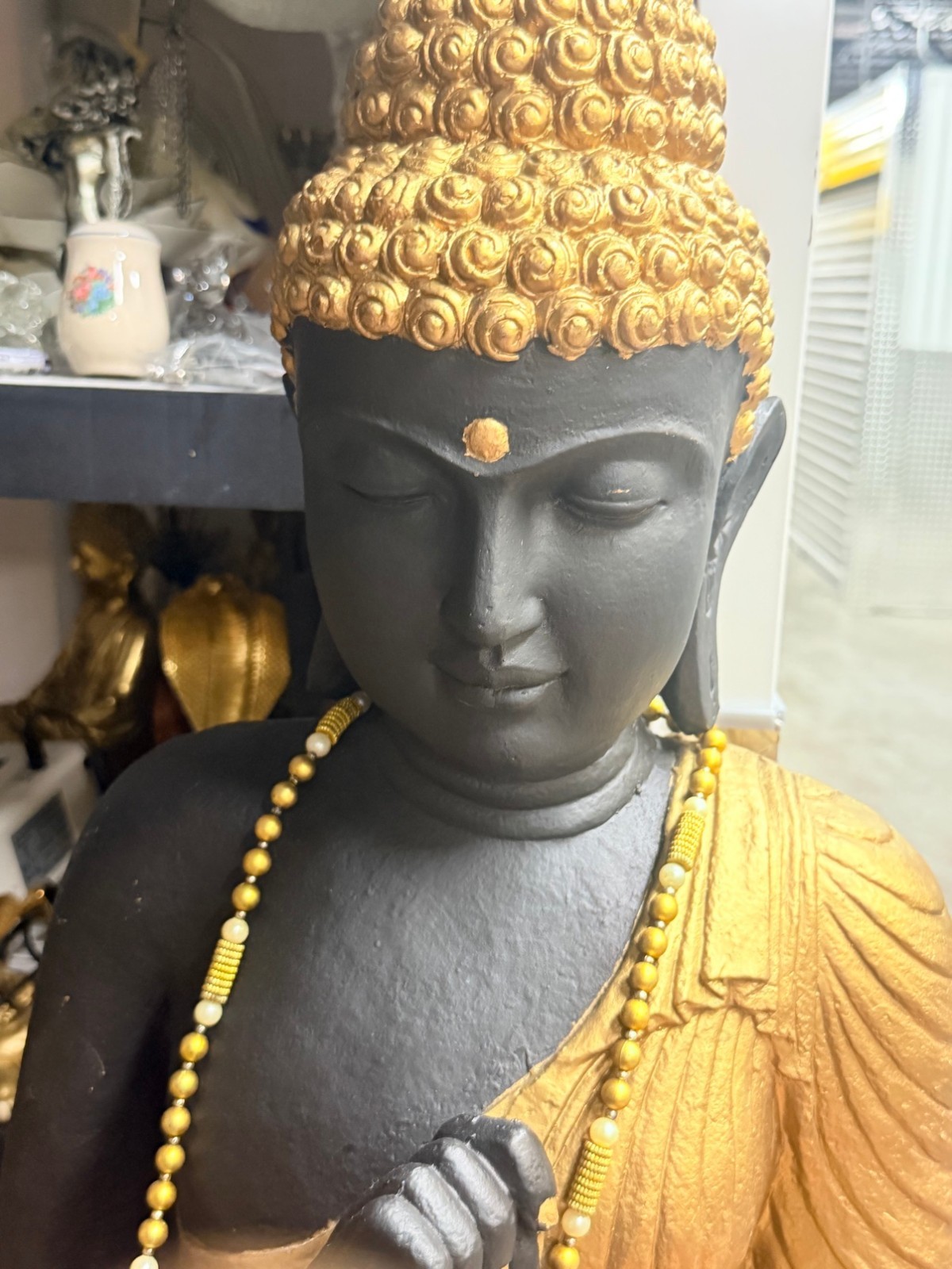 Large 5 Ft Standing Buddha Statue Black Gold Floor Sculpture Beaded Necklace Large 5 Ft Standing Buddha Statue Black Gold Floor Sculpture Beaded Necklace