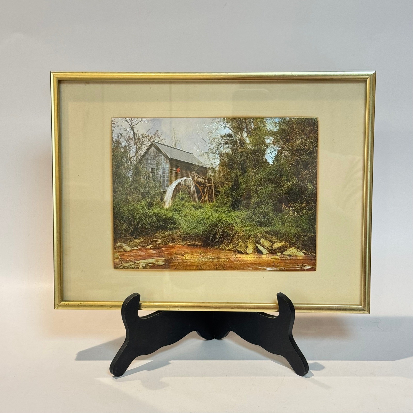 Vintage 70s Retro Foil Art Image in Gold Frame Water Mill Farm Country Scene