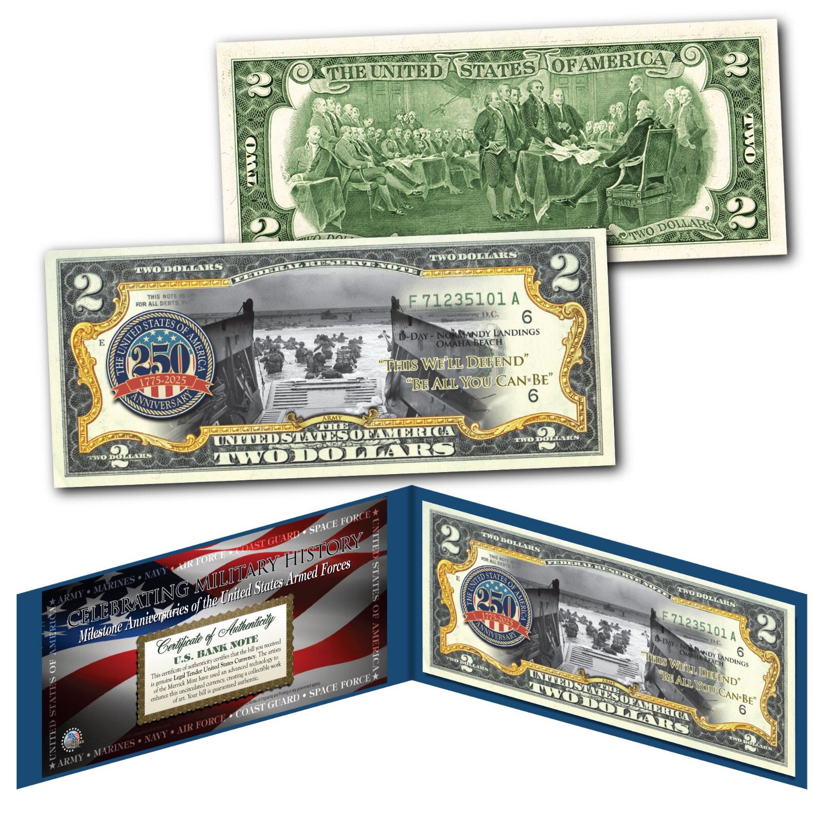 ARMY 250th ANNIVERSARY Milestones of the U.S. Armed Forces Genuine U.S. $2 Bill ARMY 250th ANNIVERSARY Milestones of the U.S. Armed Forces Genuine U.S. $2 Bill