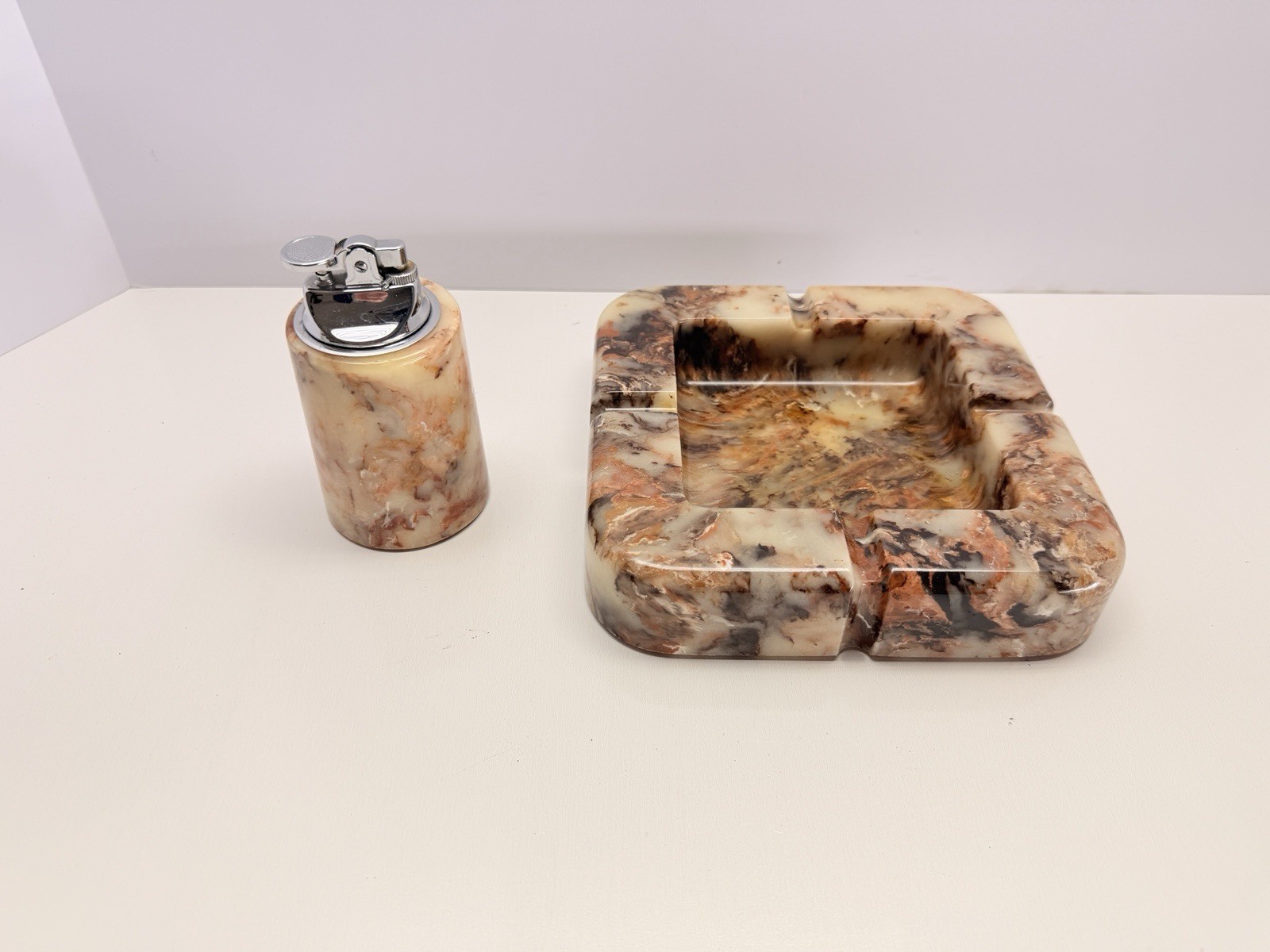Vintage MCM Onyx Marble Stone Ashtray Table Lighter Set 7” Mid Century