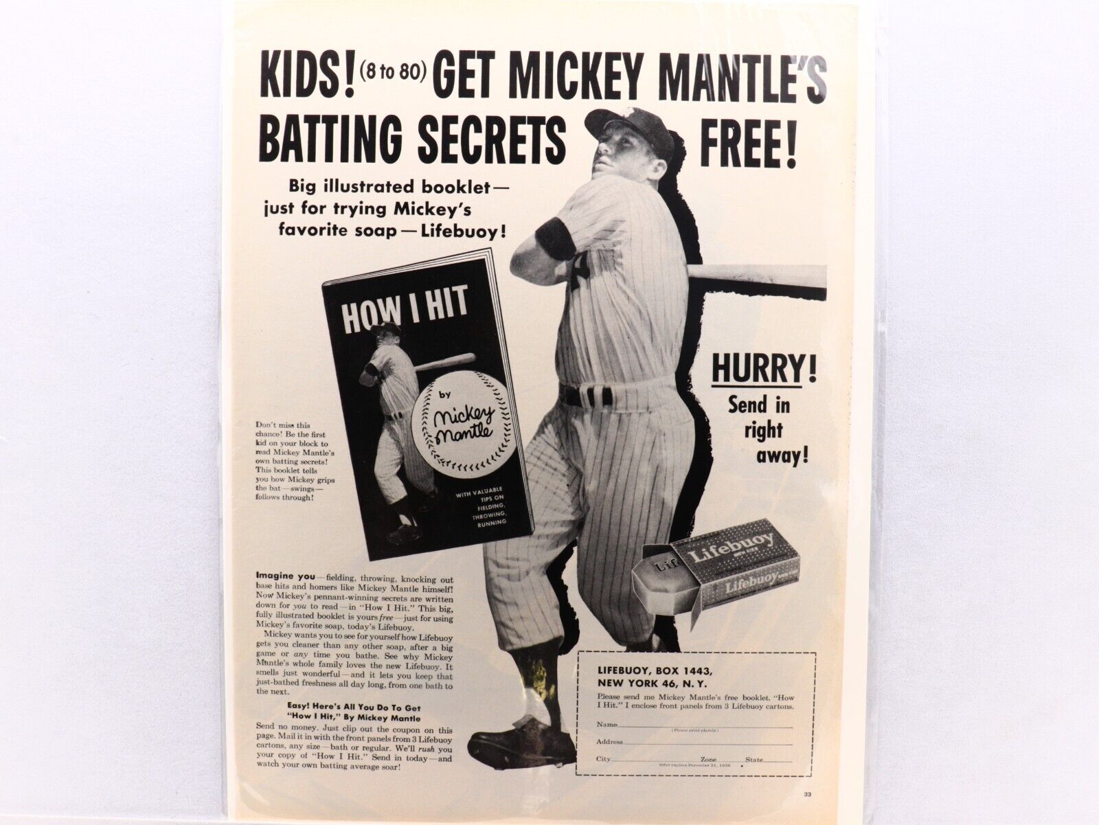 New York Yankees Mickey Mantle's Batting Secrets 1956 Lifebuoy Ad, Free Booklet.