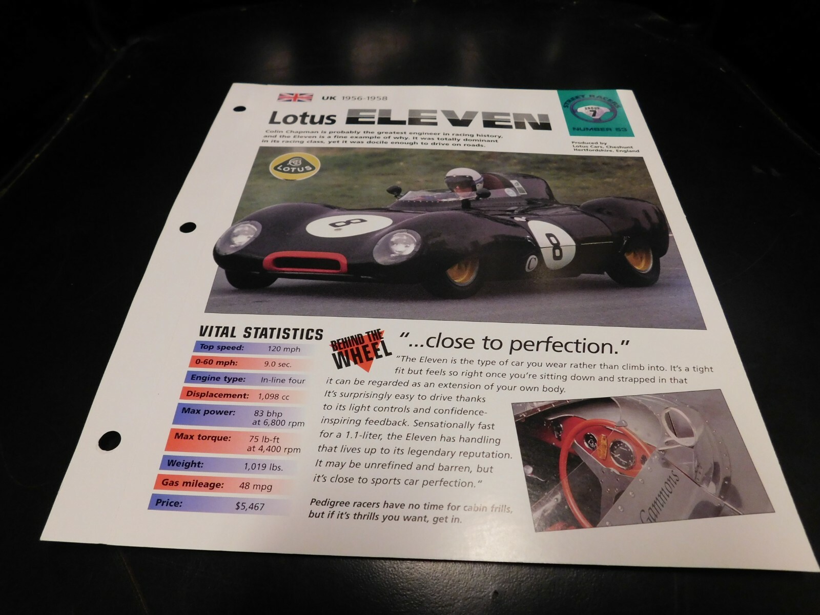 1956-1958 Lotus Eleven Ron Gammons Spec Sheet Brochure Photo Poster 1957