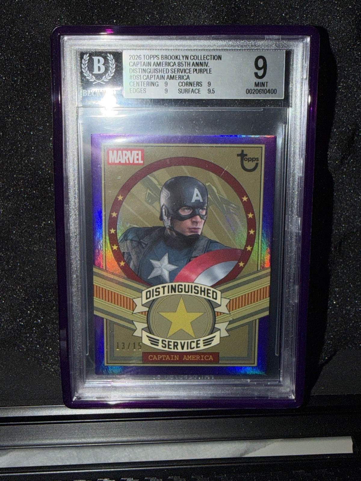 Topps 2026 Captain America 85th DS-1 Distinguished Service Purple /15 BGS 9 Topps 2026 Captain America 85th DS-1 Distinguished Service Purple /15 BGS 9