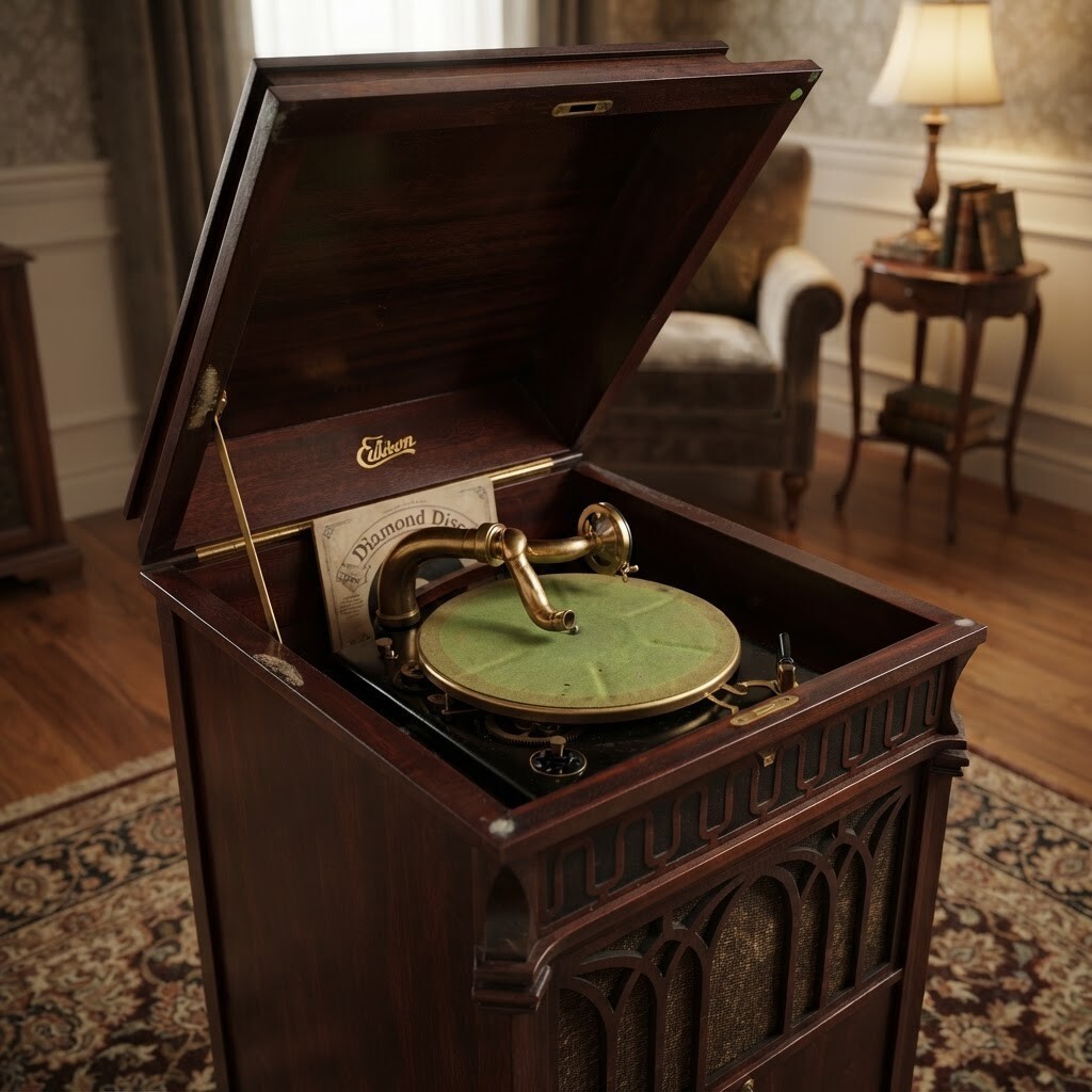 Antique Edison Disc Phonograph Wood Cabinet Antique Edison Disc Phonograph Wood Cabinet