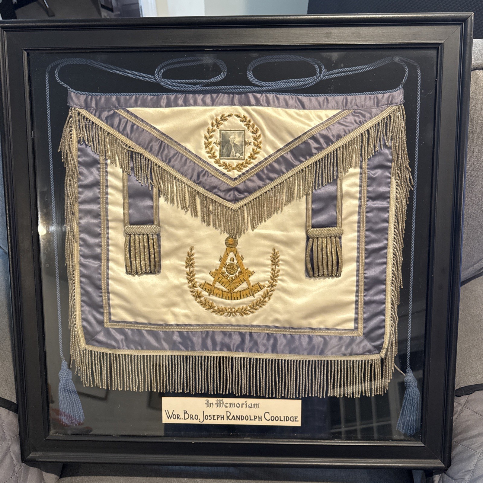 1920's Masonic Memorial Apron Joseph Randolph Coolidge Hand Made Framed RARE 1920's Masonic Memorial Apron Joseph Randolph Coolidge Hand Made Framed RARE
