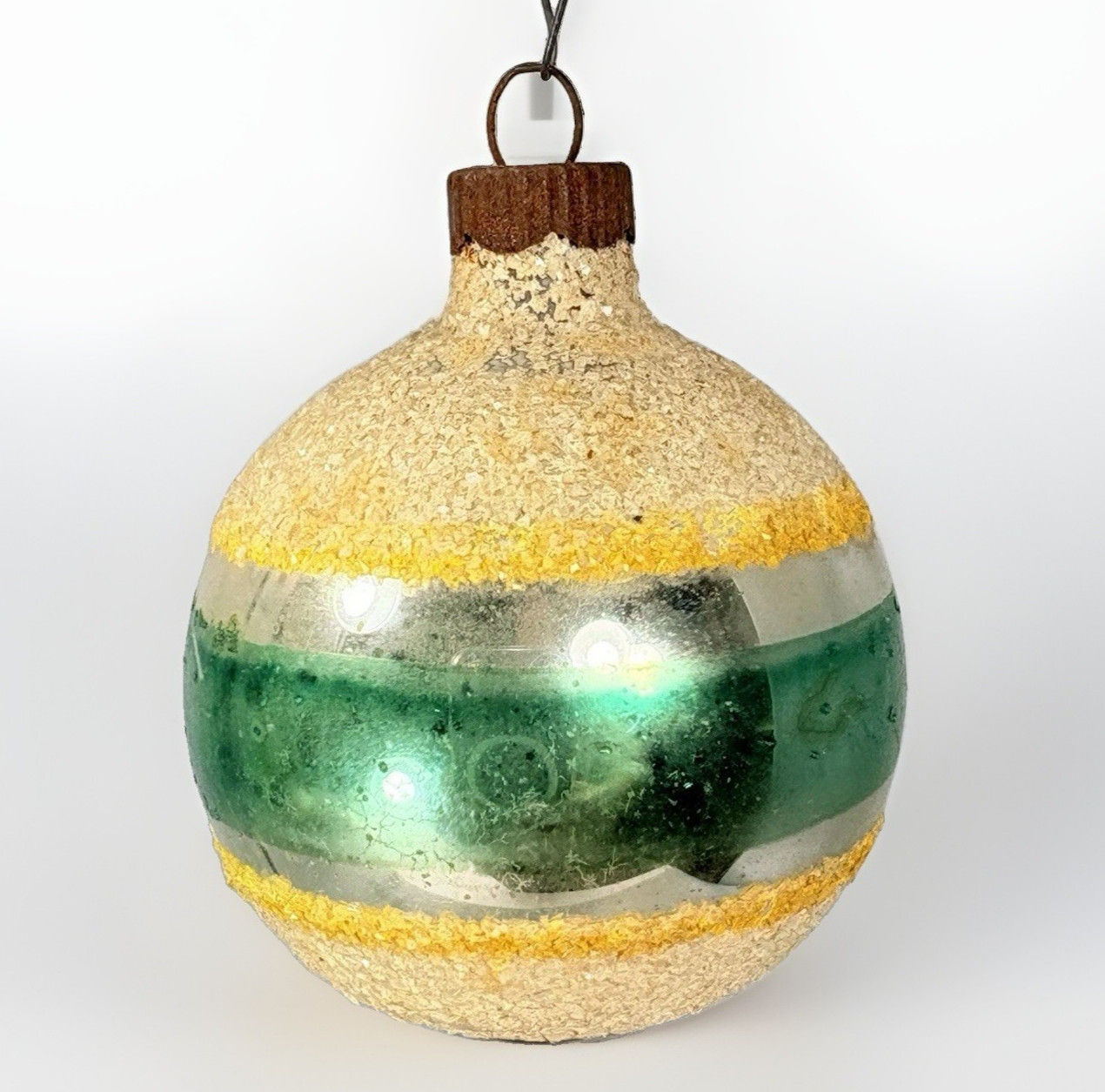 Vintage Shiny Brite Green Yellow Stripe Mica Glass Christmas Ornament 2.25\ Vintage Shiny Brite Green Yellow Stripe Mica Glass Christmas Ornament 2.25\