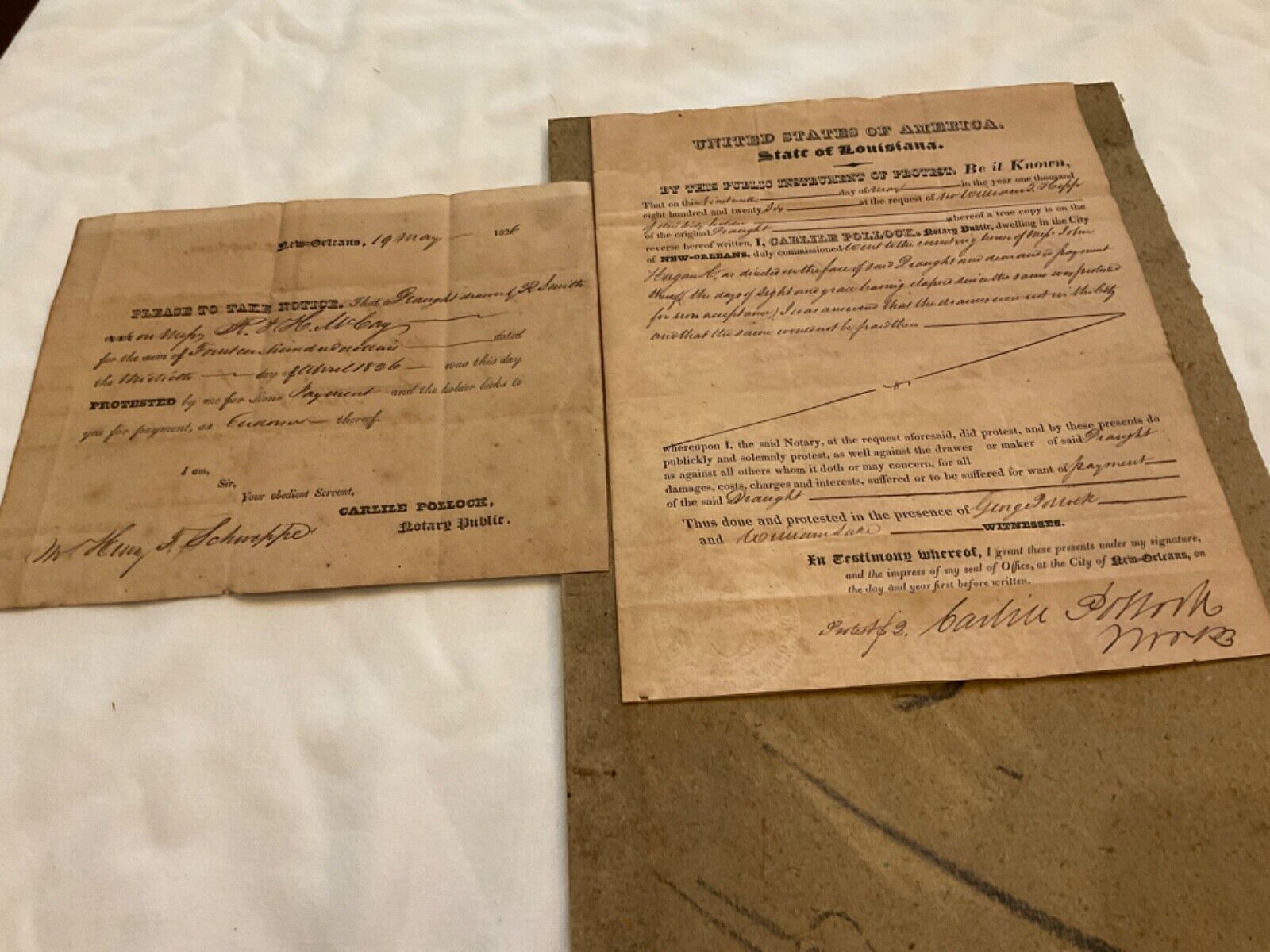 LOUISIANA 1826 INSTRUMENT OF PROTEST NEW ORLEANS FORECLOSURE NOTARY SEALS SIGNER