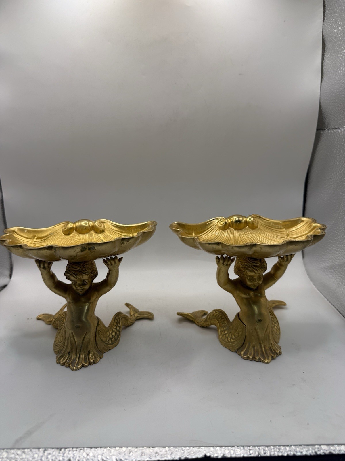 Vintage Pair Solid Brass Mermaid Figural Shell Compote Tazza Dishes 5” * Vintage Pair Solid Brass Mermaid Figural Shell Compote Tazza Dishes 5” *