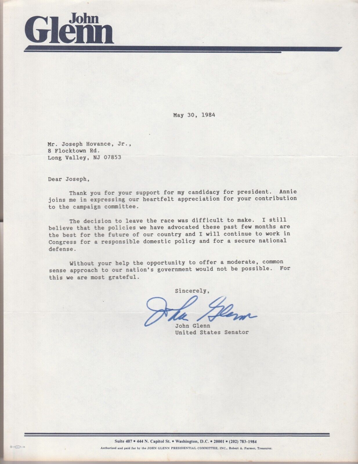 John Glenn Thank You Letter For Support In Presidential Campaign May 30, 1984