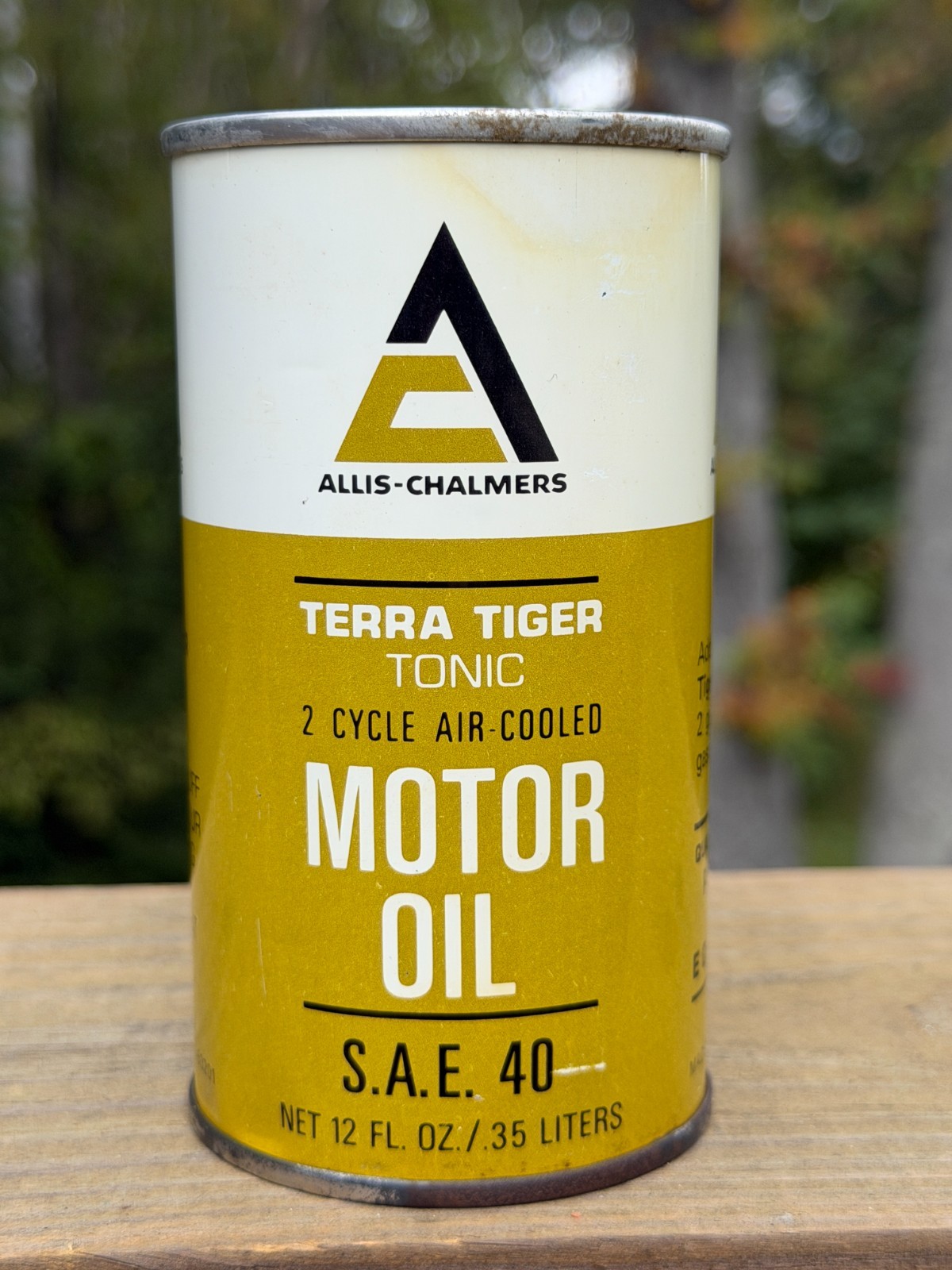 RARE Vintage ALLIS CHALMERS 12oz 2 Cycle Motor Oil Can...Full Terra Tiger Tonic