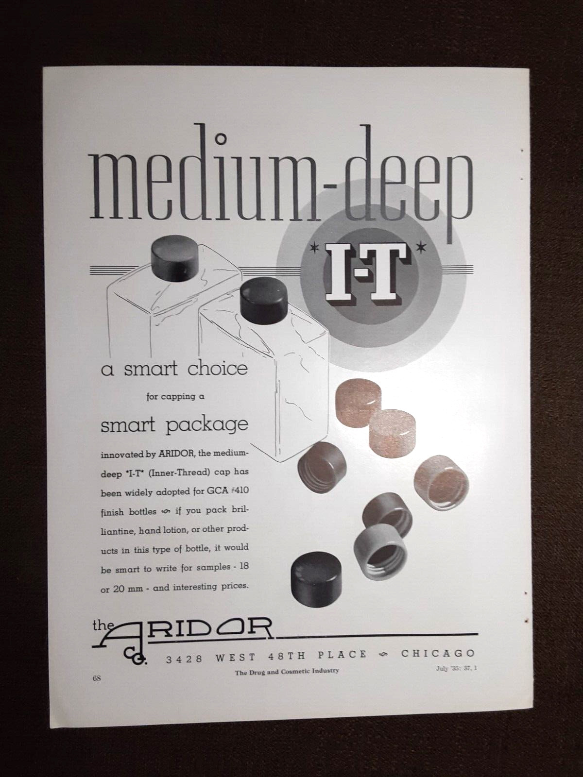 Vintage 1935 The ARIDOR Co. Magazine AD ~ I-T CAP ~ Chicago Vintage 1935 The ARIDOR Co. Magazine AD ~ I-T CAP ~ Chicago