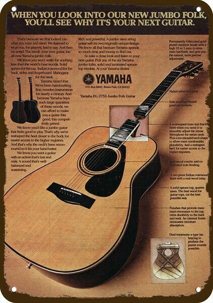 1977 YAMAHA FG-375S JUMBO FOLK GUITAR Vintage-Look DECORATIVE REPLICA METAL SIGN 1977 YAMAHA FG-375S JUMBO FOLK GUITAR Vintage-Look DECORATIVE REPLICA METAL SIGN