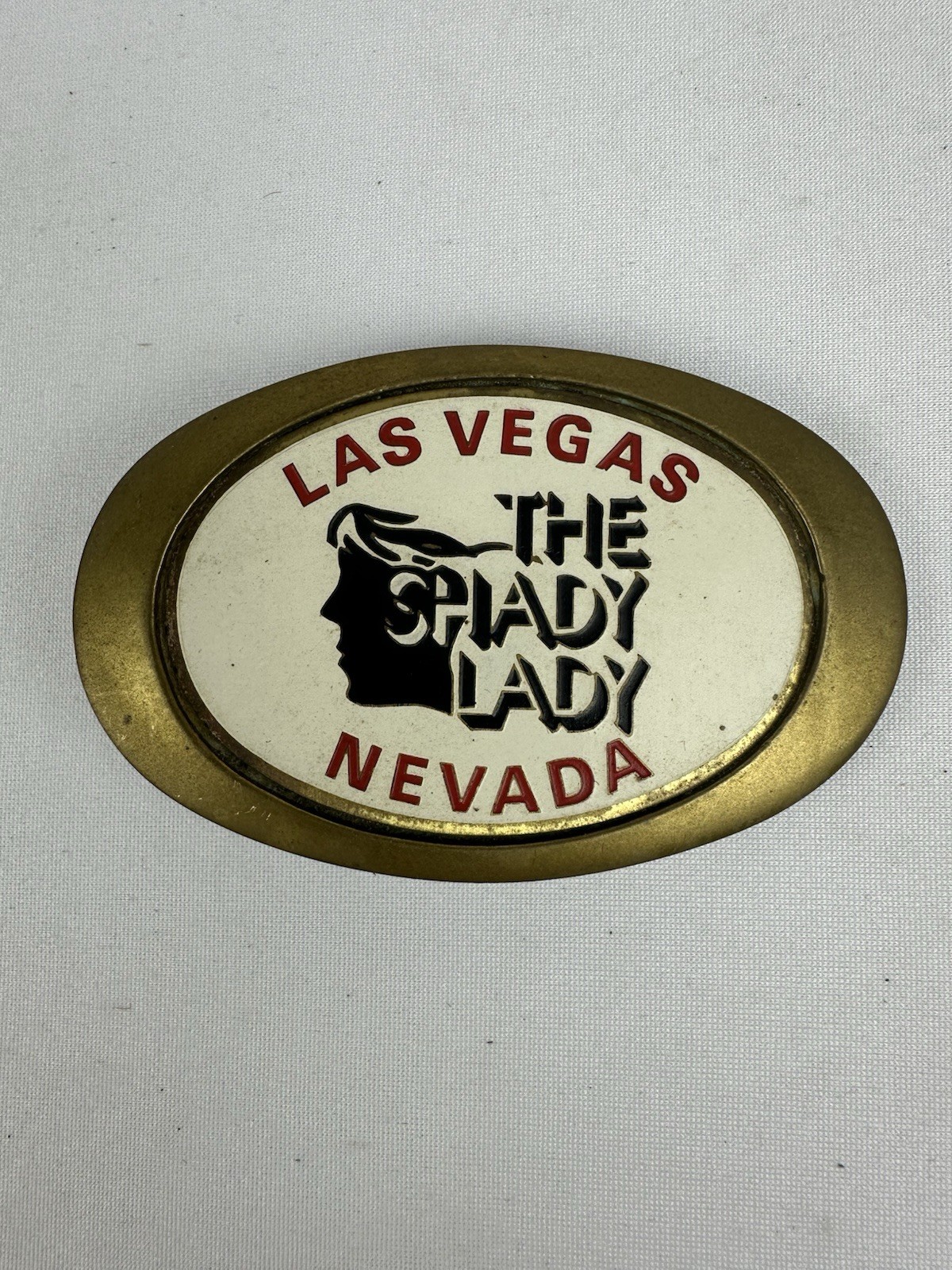 Rare Vintage Solid Brass The Shady Lady Las Vegas Nevada Belt Buckle Souvenir
