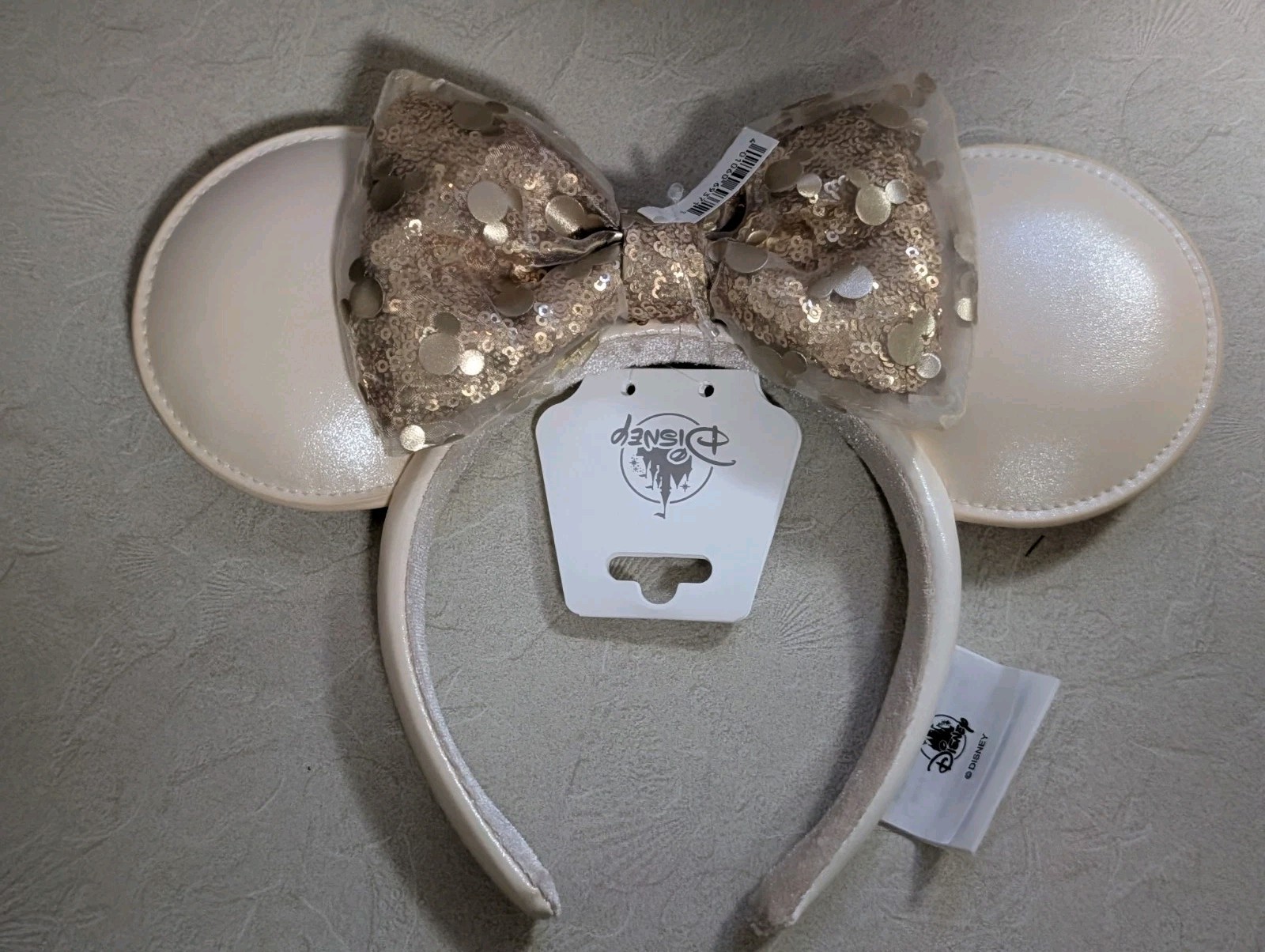 Disney Parks White and Gold Sequin Bow Minnie Ears Headband New 2026 Disney Parks White and Gold Sequin Bow Minnie Ears Headband New 2026