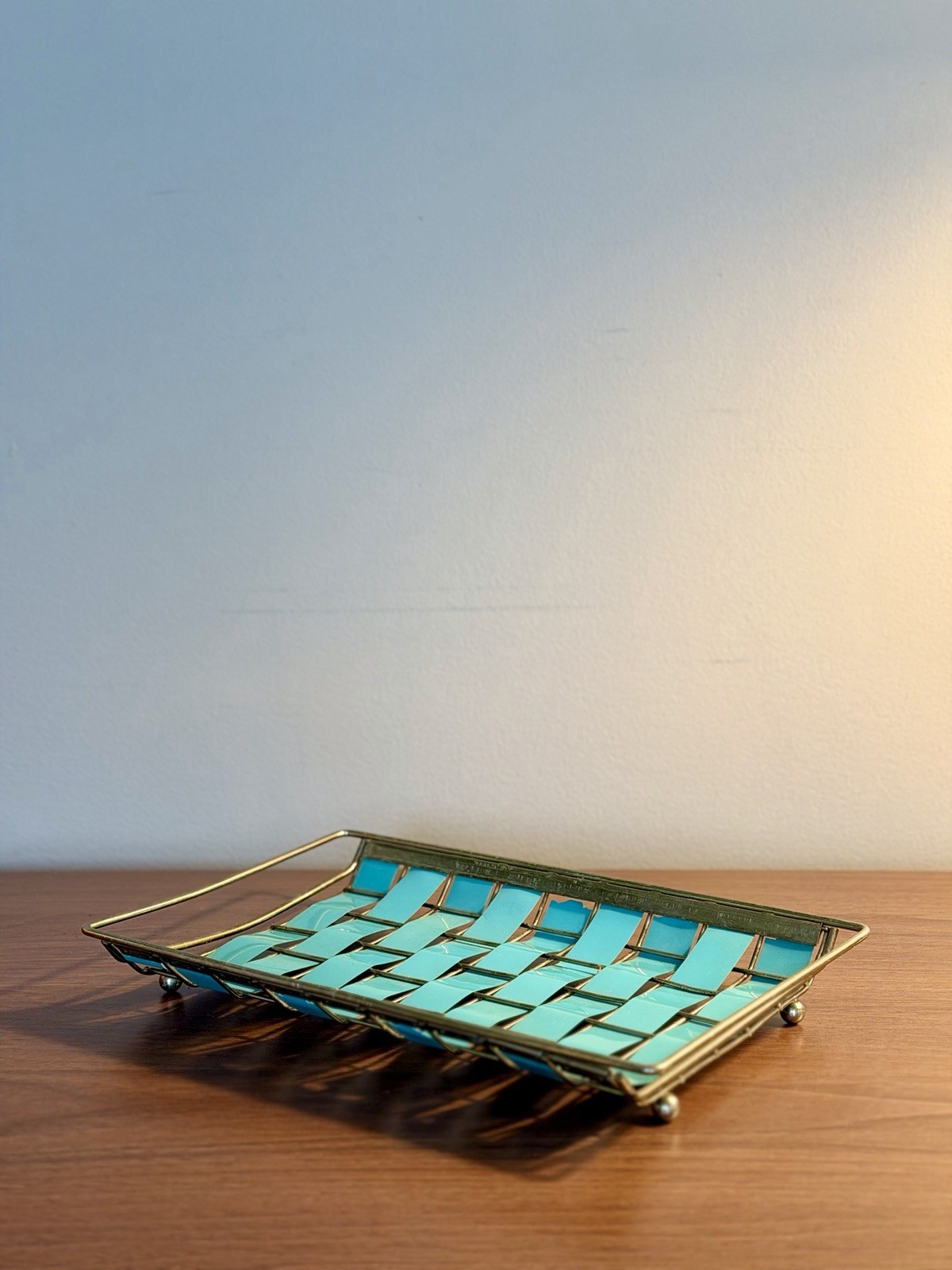 Vintage MCM Turquoise Woven Metal Vanity Tray Gold Tone 1960s 70s Retro Vintage MCM Turquoise Woven Metal Vanity Tray Gold Tone 1960s 70s Retro
