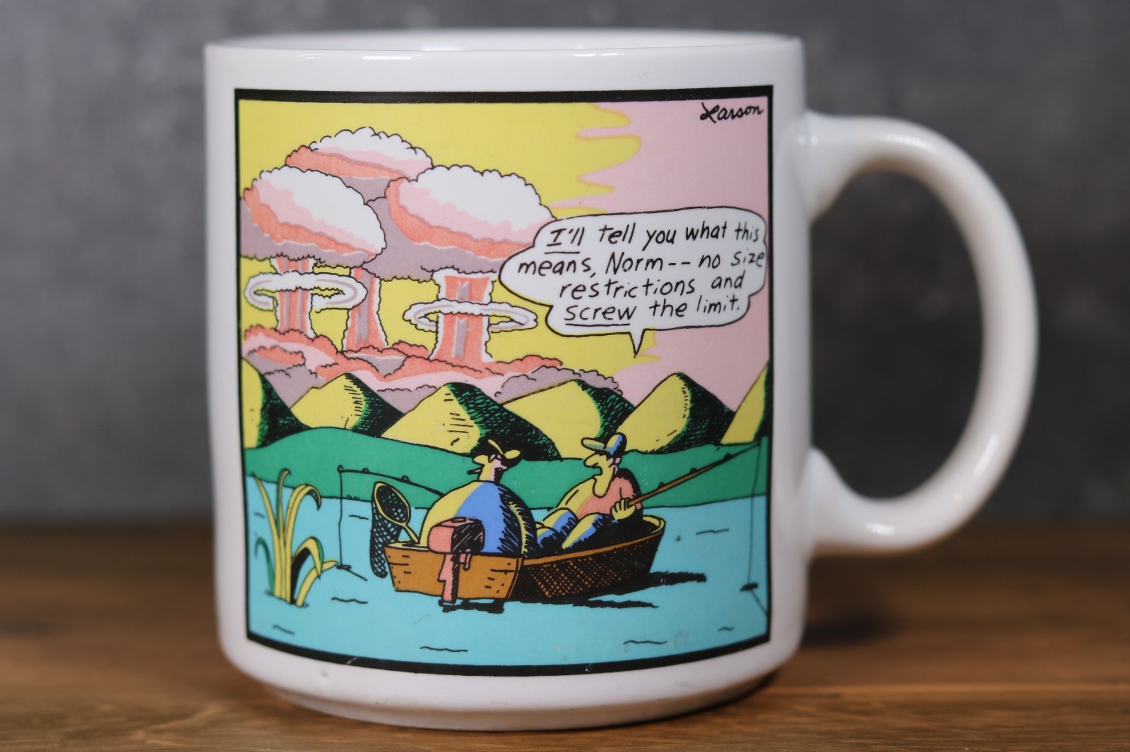 The Far Side Gary Larson Vintage 1986 Atomic fisherman, Color Coffee Mug The Far Side Gary Larson Vintage 1986 Atomic fisherman, Color Coffee Mug