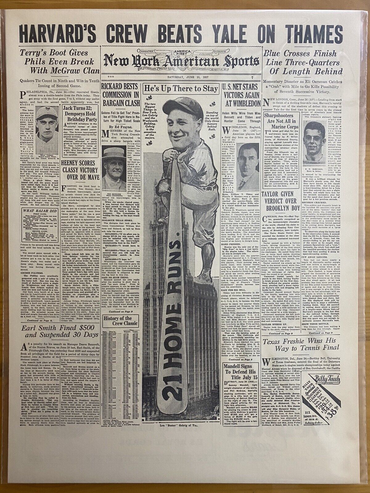 VINTAGE NEWSPAPER HEADLINE 1927 NEW YORK BASEBALL LOU GEHRIG 21 HOME RUNS RUTH