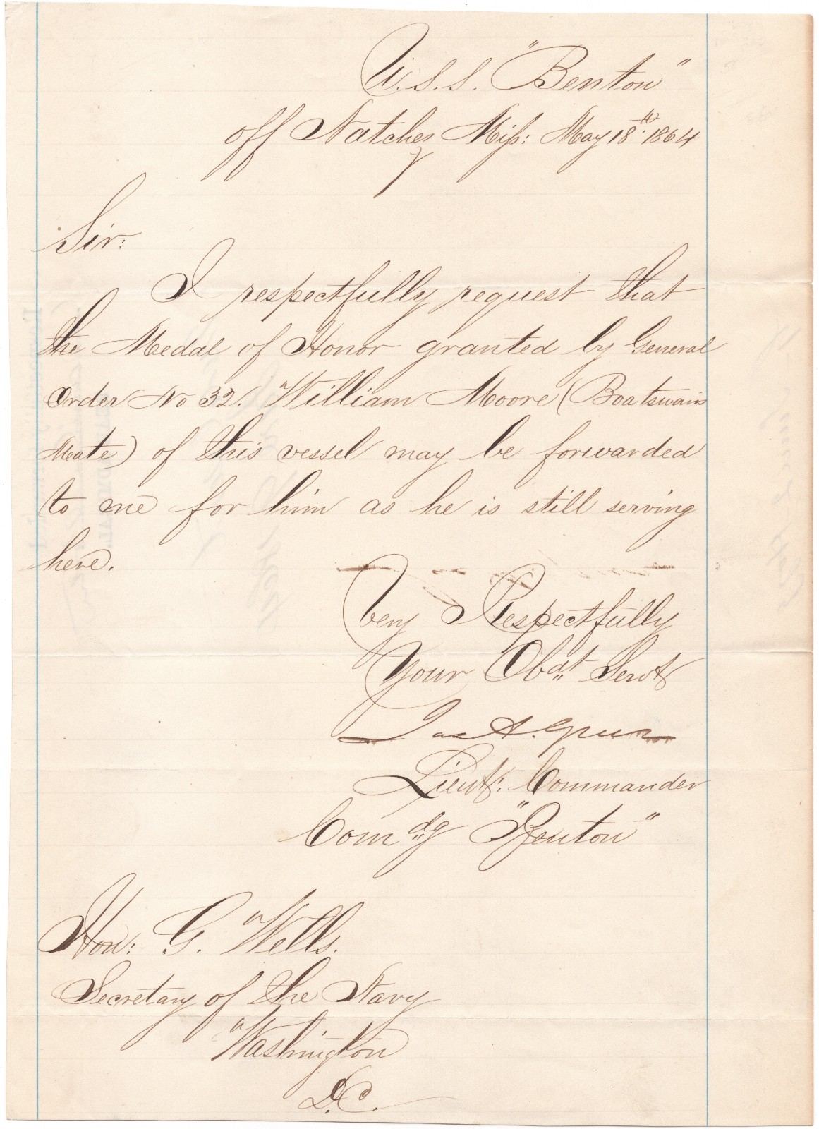 David Dixon Porter Document Signed Awards Medal of Honor to Siege Vicksburg Hero