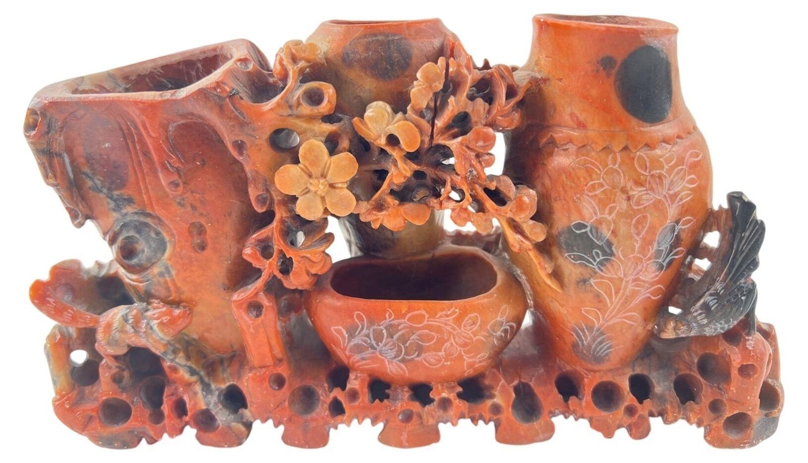 Beautiful Soap Stone Chinese carved soapstone triple brush pot or spill vase.
