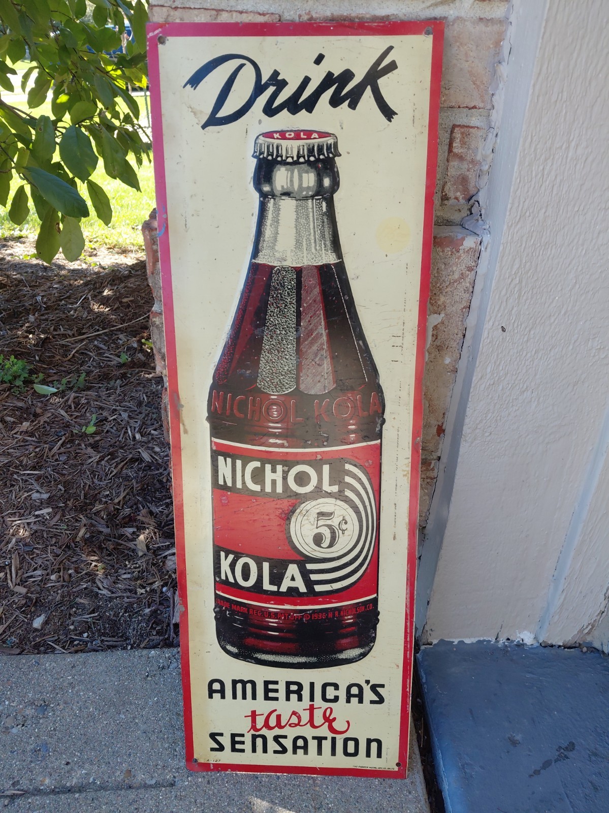 c.1930s Original Vintage Drink Nichol Kola Sign Metal Embossed 5c Nehi Soda Coke c.1930s Original Vintage Drink Nichol Kola Sign Metal Embossed 5c Nehi Soda Coke