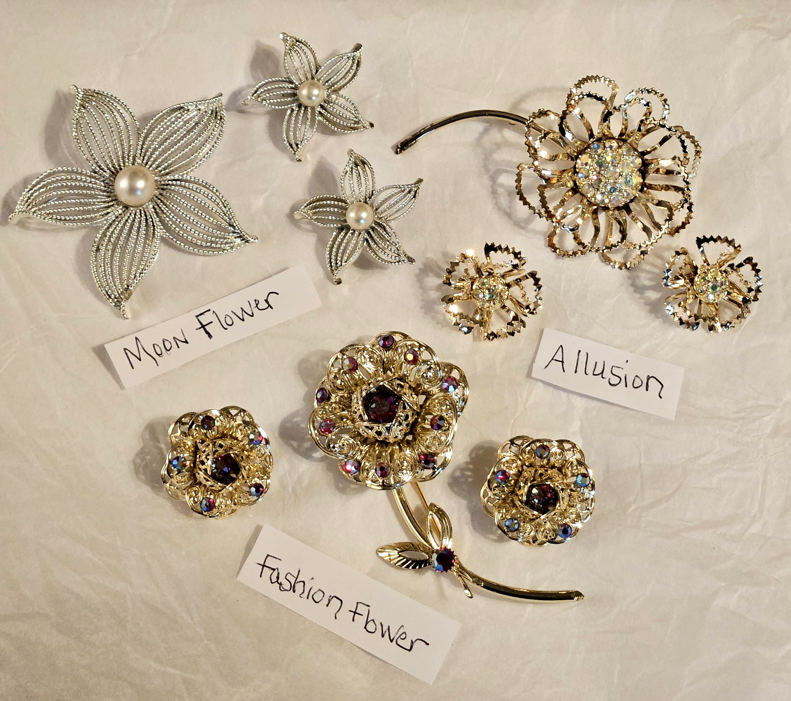 Vintage SARAH COVENTRY 3 Pin & ER Sets - Moon Flower, Allusion, Fashion Flower