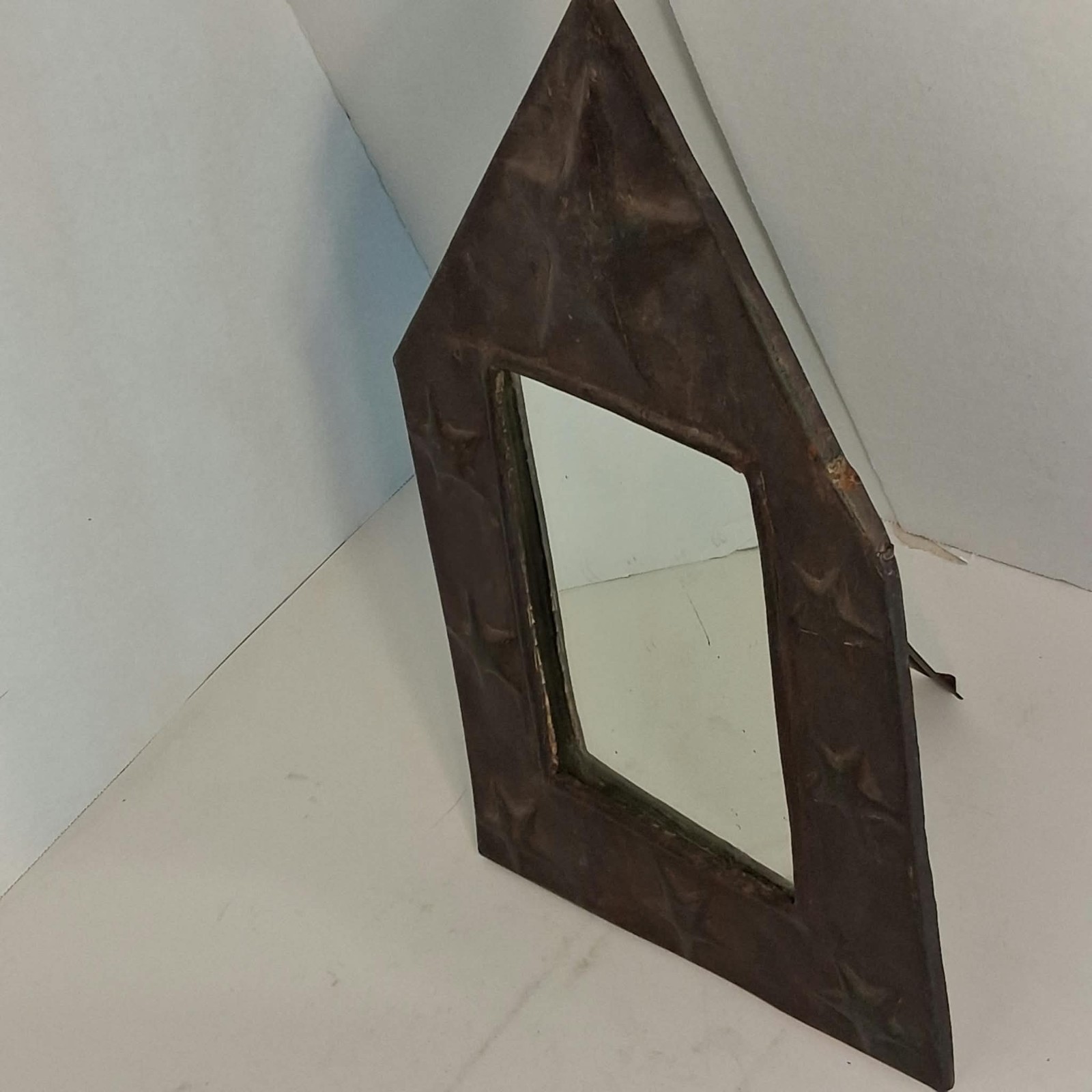 Vintage Mexican Tin Mirror Punched Star Barn Profile Folk Art Vanity Wall Easel Vintage Mexican Tin Mirror Punched Star Barn Profile Folk Art Vanity Wall Easel