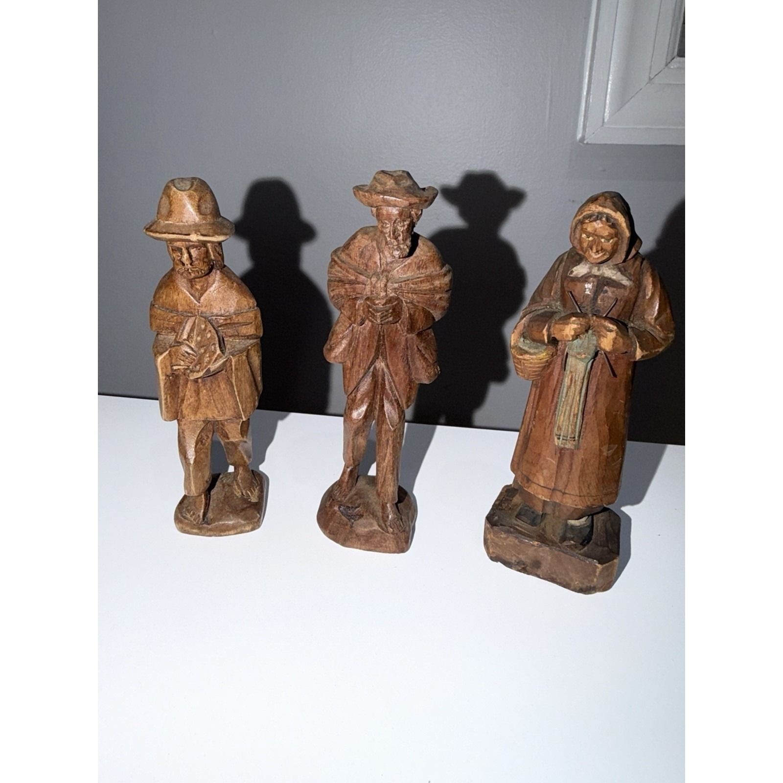 Lot Of 3 Vintage Hand Carved Wooden Figurines Knitting Woman Painting Traveling Lot Of 3 Vintage Hand Carved Wooden Figurines Knitting Woman Painting Traveling