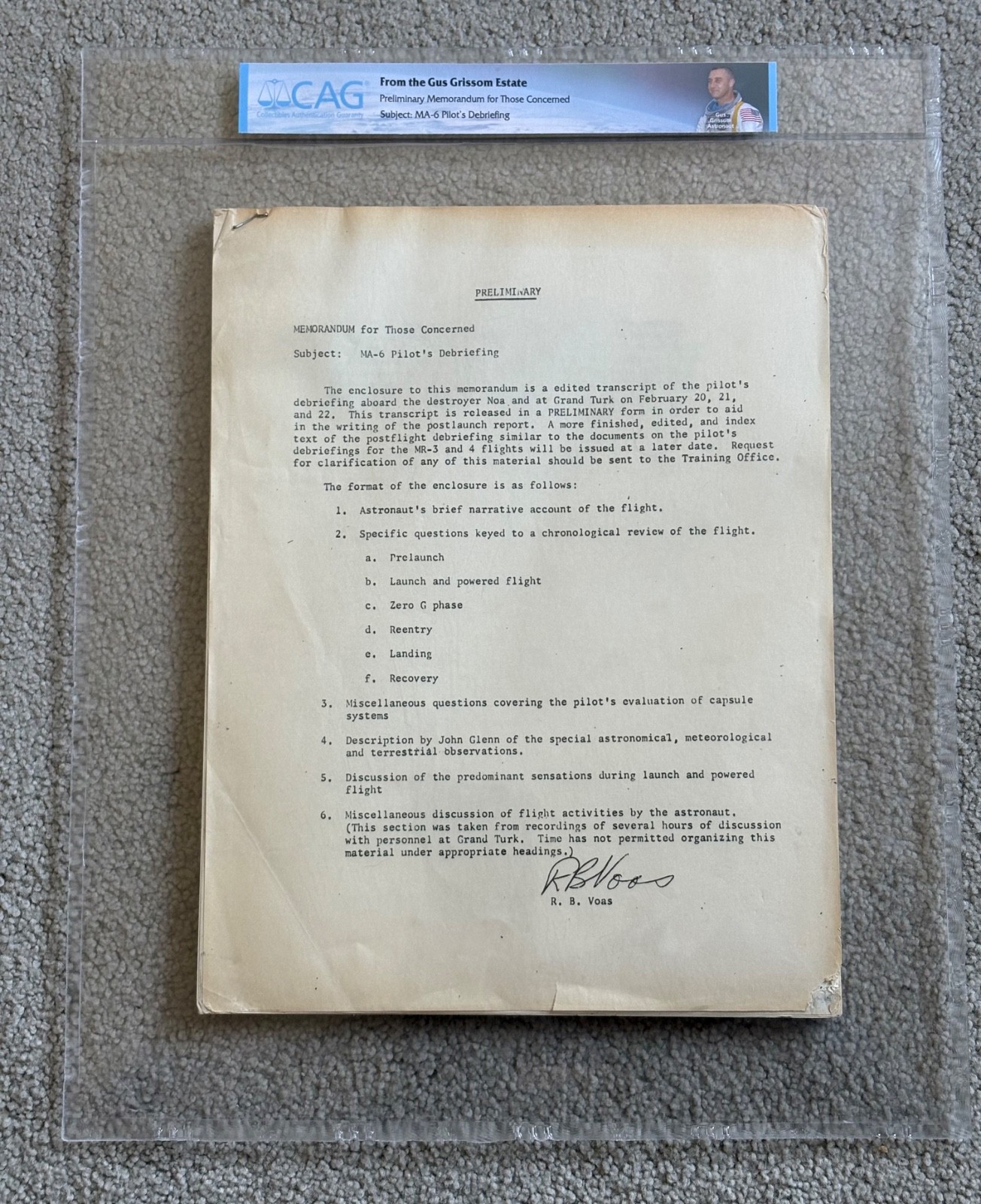 NASA 1962 MA-6 Mercury Preliminary Memorandum Gus Grissom Estate CAG John Glenn