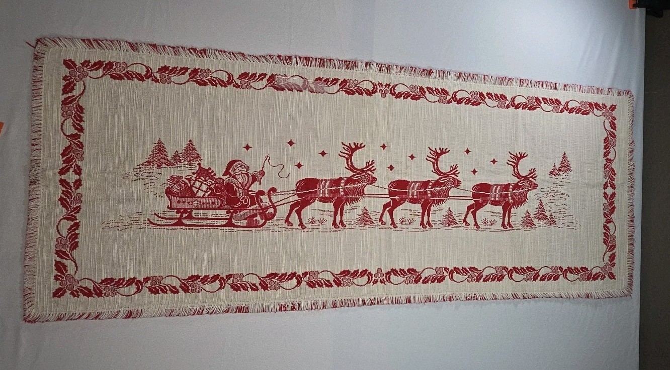 Vtg Christmas Table Runner 41” X 16” Santa W/ His Sleigh & Reindeer Red & White