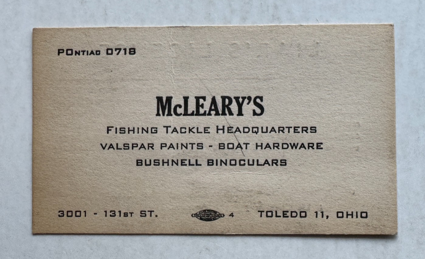 Vtg Business Card Toledo OH McLeary\'s Fishing Tackle 3001 131 St Liar\'s License