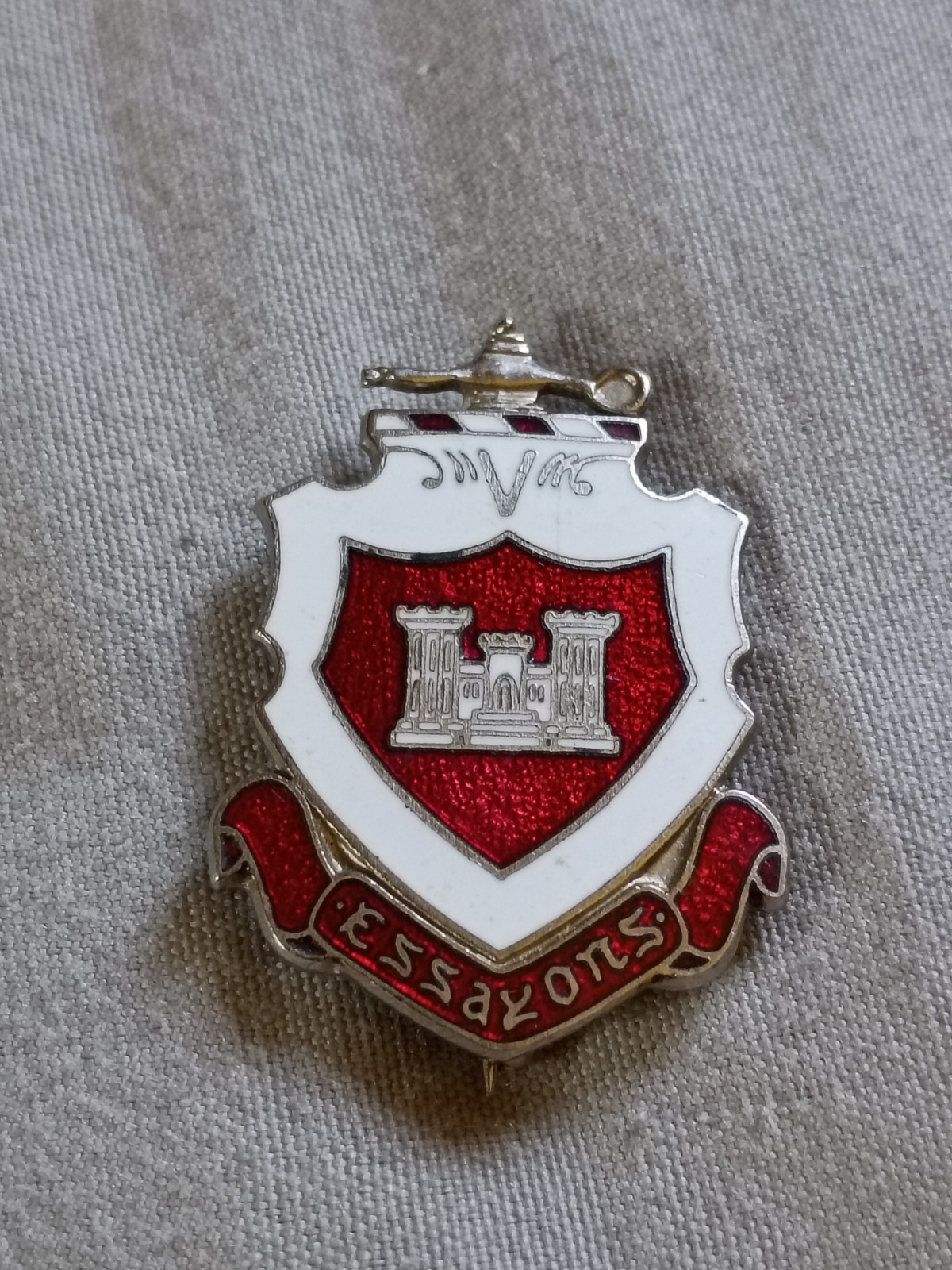 Vintage WW2 Era Red and White Enamel Engineer School Pin.