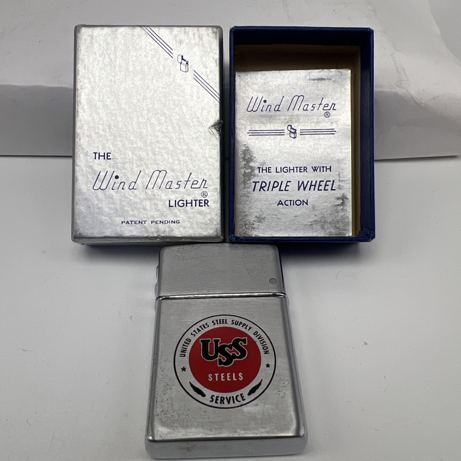 Vintage Wind Master Lighter Advertising US Steel W/Box & Paperwork EUC M4374