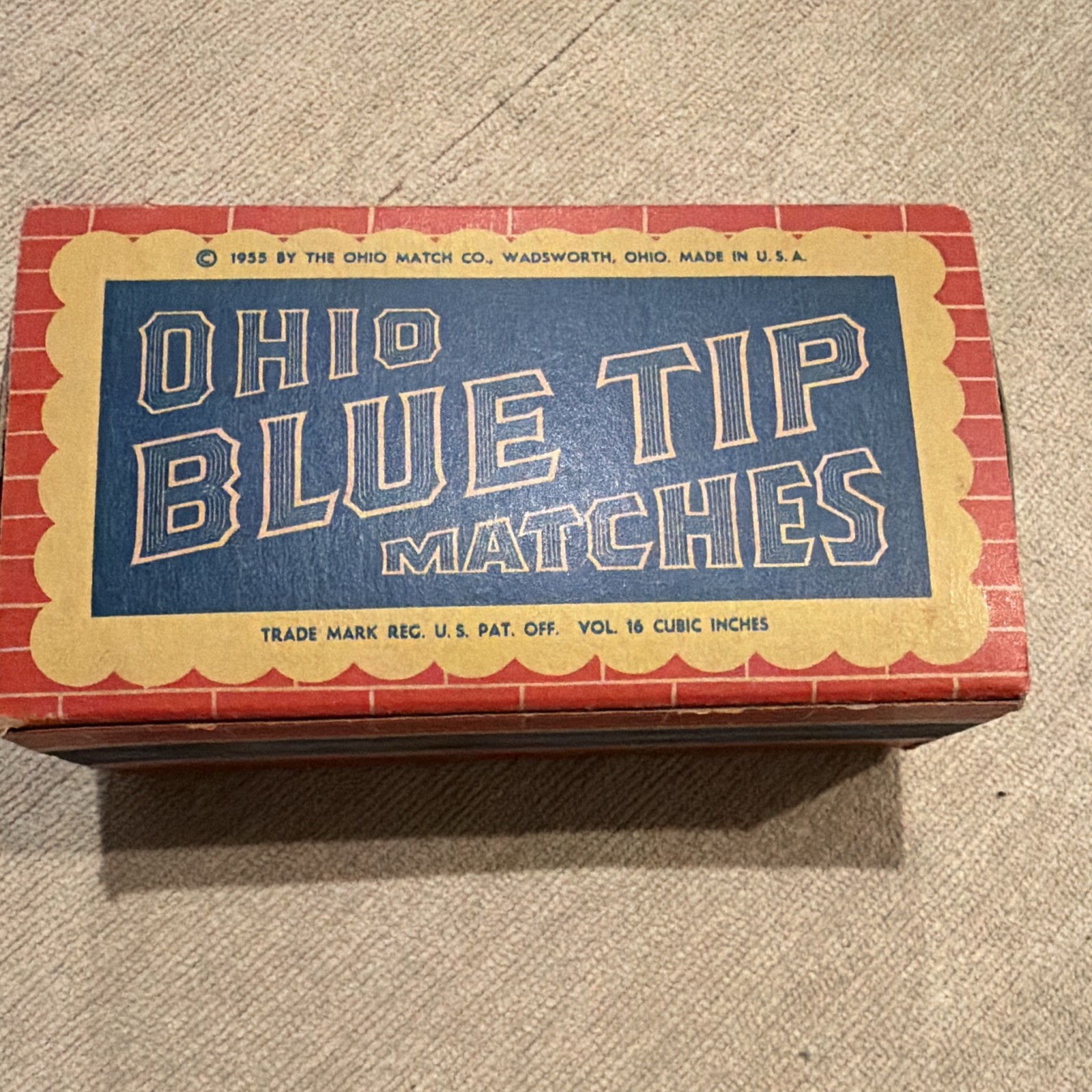 Vintage 1955 Ohio Blue Tip Matches Box Early American Fireplace Graphic Full 2oz