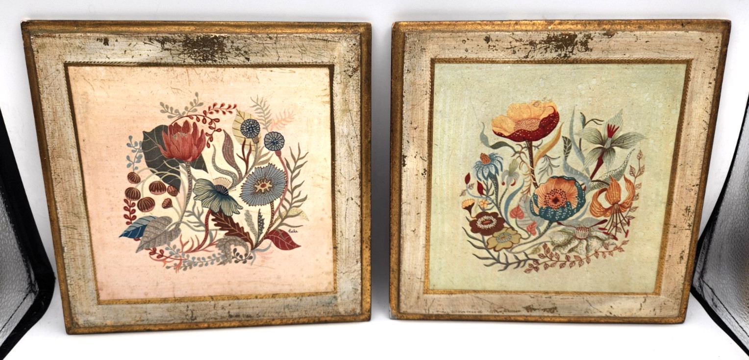Pair Vintage Florentine Gilt Wood Plaques Floral Scenes Italy Cottagecore Pair Vintage Florentine Gilt Wood Plaques Floral Scenes Italy Cottagecore
