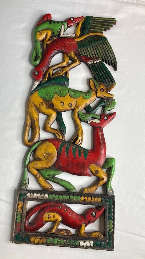 Balinese Indonesian-Style Folk Art Hand Carved & Painted Wood Wall Plaque 8x19.5 Balinese Indonesian-Style Folk Art Hand Carved & Painted Wood Wall Plaque 8x19.5