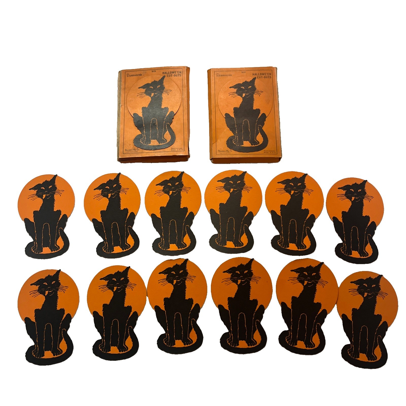 Dennison’s Antique Vintage Halloween Dazed Cat Paper Cut-Outs in original boxes Dennison’s Antique Vintage Halloween Dazed Cat Paper Cut-Outs in original boxes