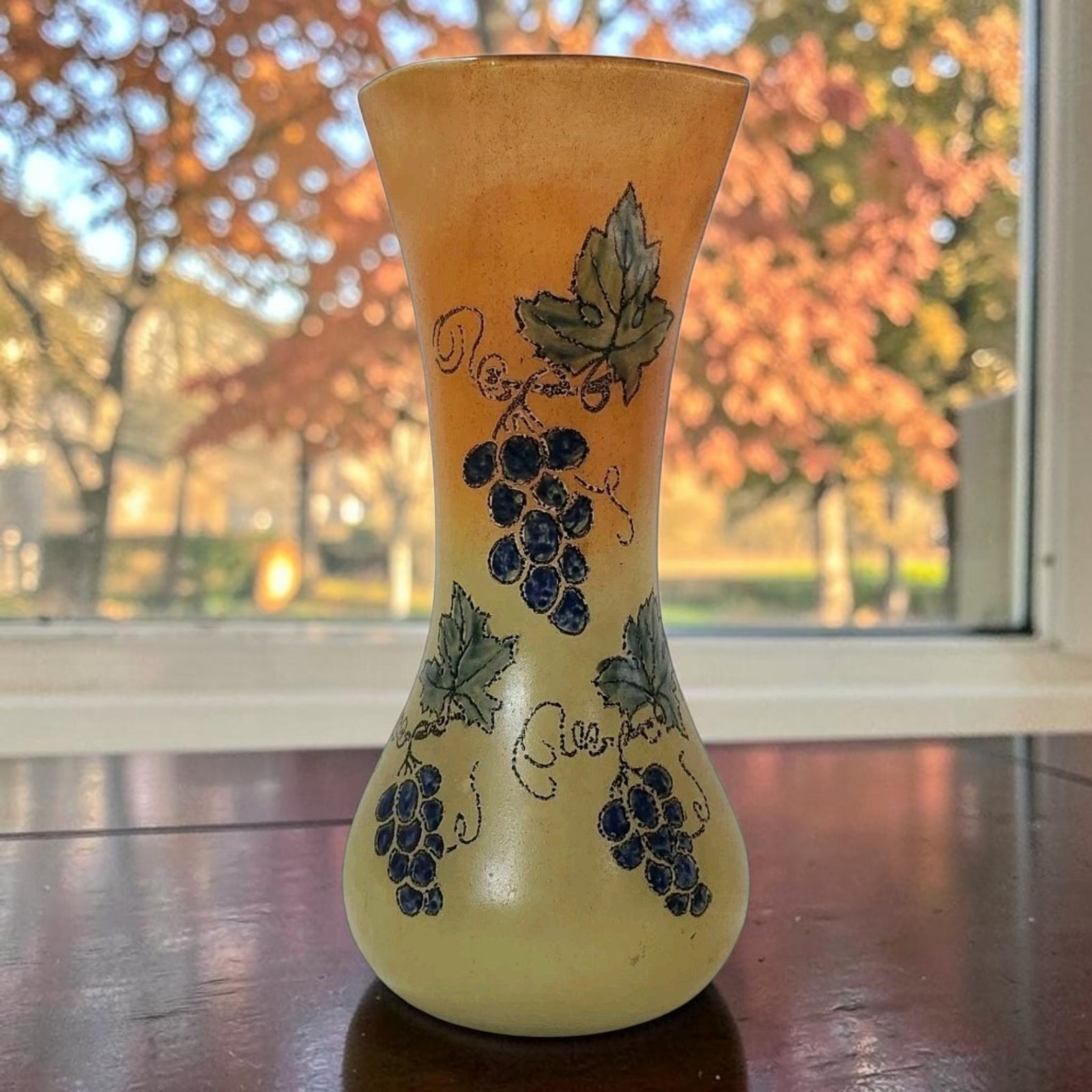 Antique Legras Art Glass Vase Enameled Grapes & Grapevines 9 Antique Legras Art Glass Vase Enameled Grapes & Grapevines 9