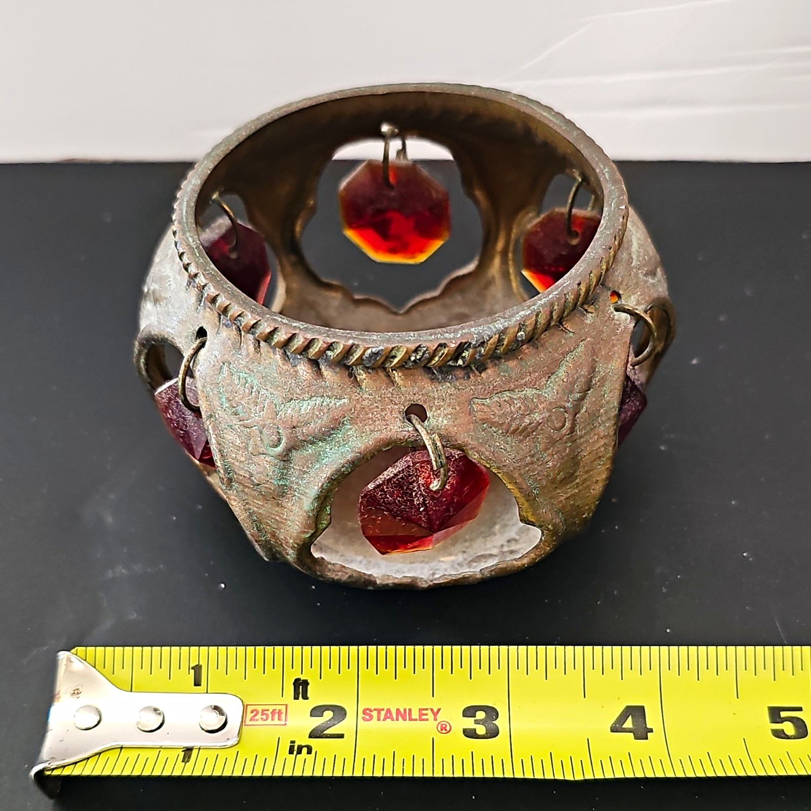 Art Nouveau Bronze Metal Candle Holder w/ Red Glass Hanging Crystals, Antique Art Nouveau Bronze Metal Candle Holder w/ Red Glass Hanging Crystals, Antique