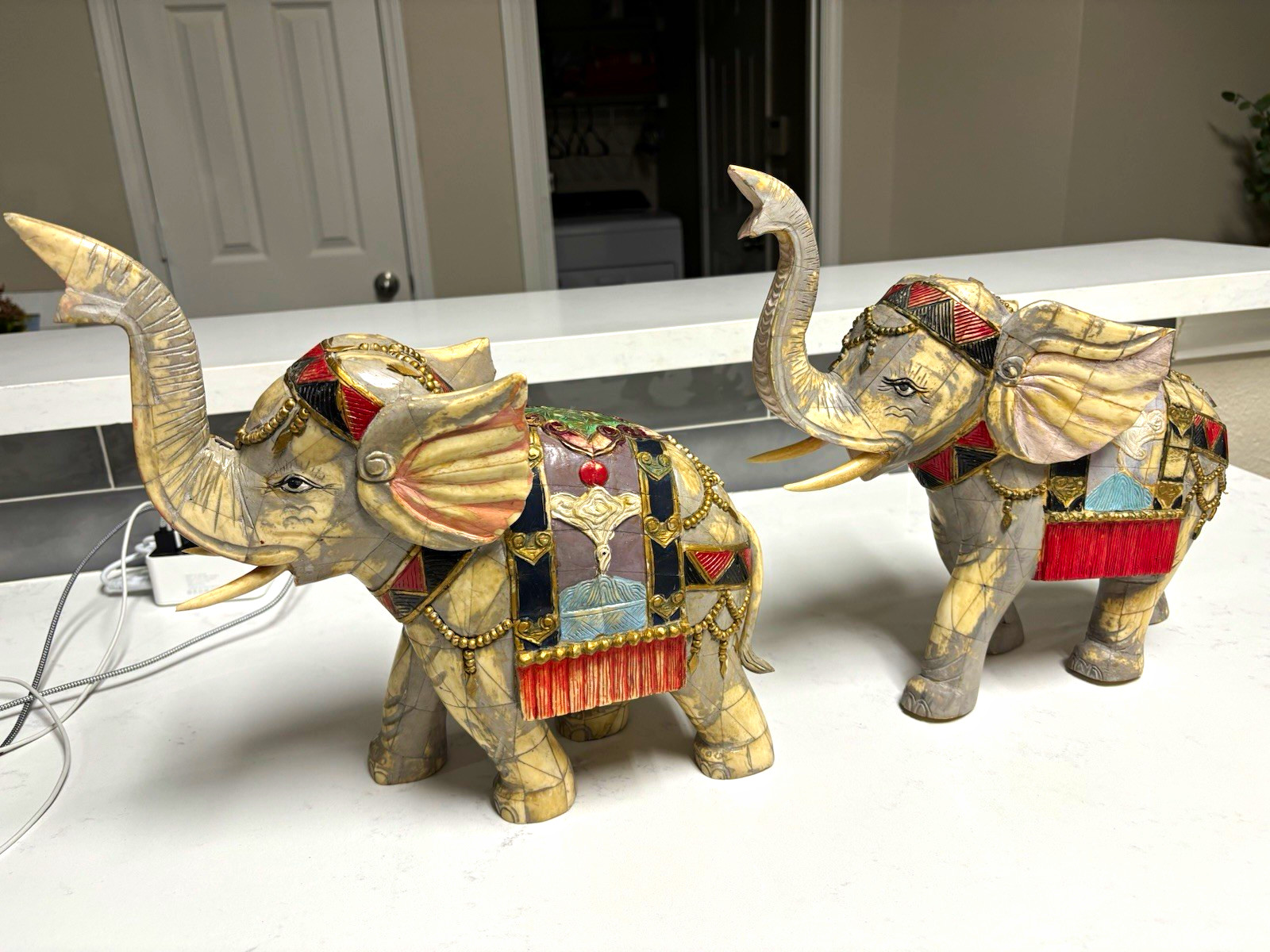 Pair Vintage Chinese Caparisoned Elephants Ceremonial 13–14”