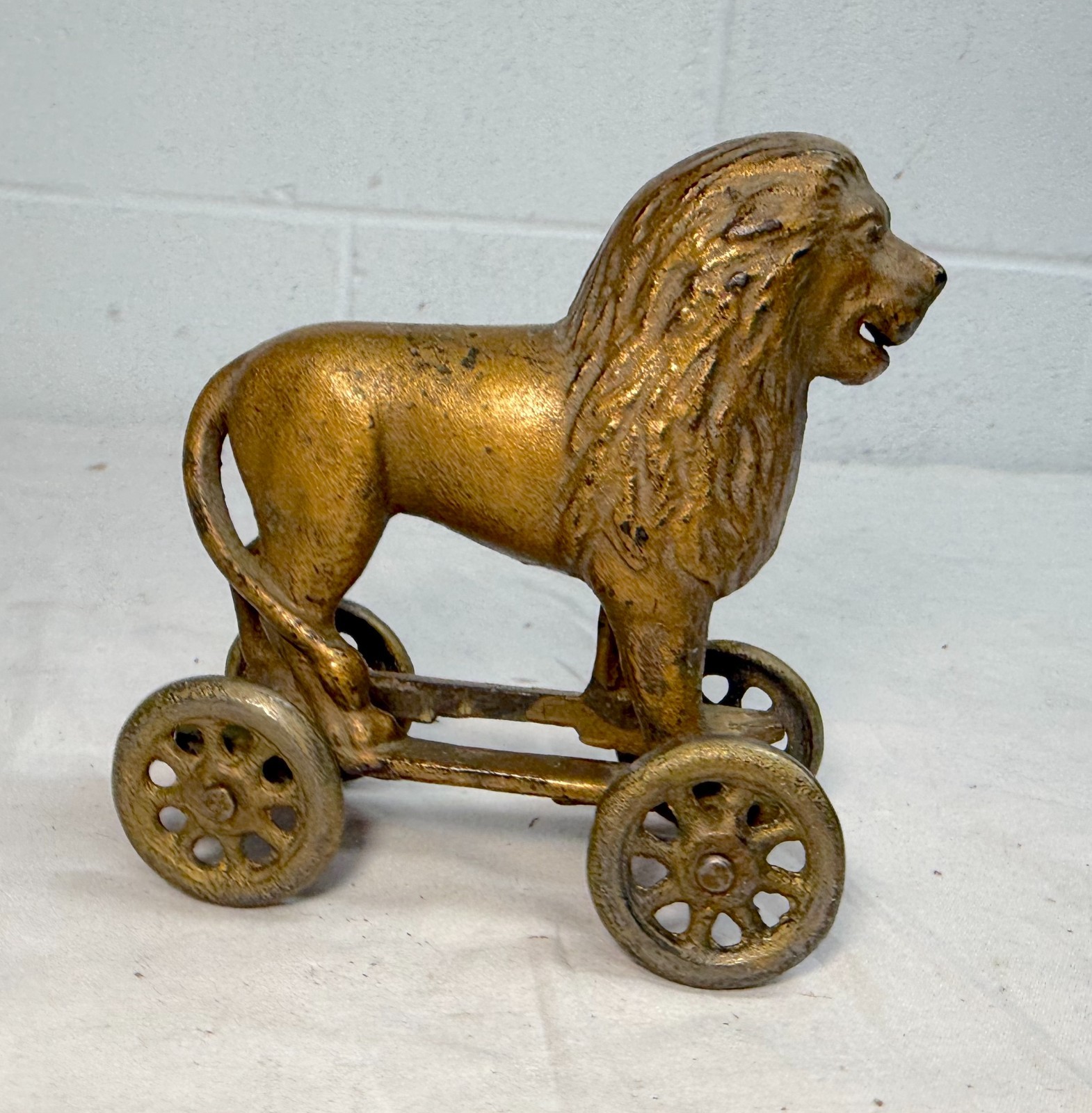 Antique Early 1920s AC Williams Hand Painted Cast Iron Lion Still Bank on wheels Antique Early 1920s AC Williams Hand Painted Cast Iron Lion Still Bank on wheels