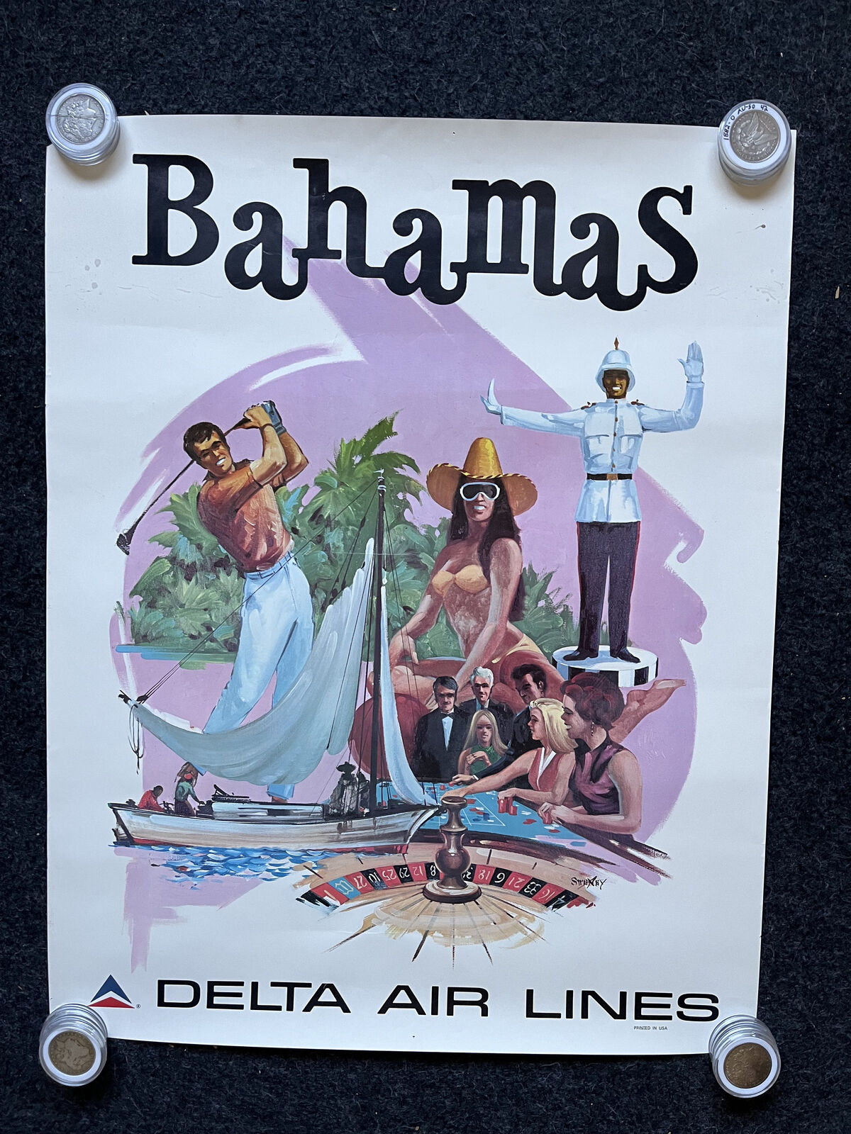 Original Bahamas Caribbean Travel Poster, Golfing Sailing Gifts for Dads, Vinta