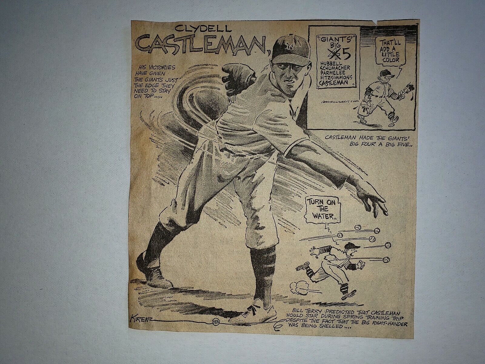 Slick Castleman Carl Hubbell Giants 1935 Cartoon Sketch By Art Krenz